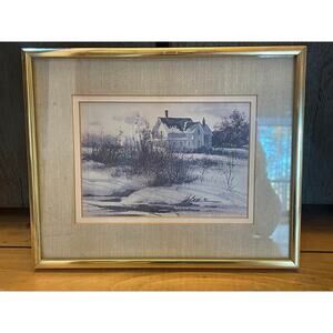 Vintage Artwork House/Snowy Scene Print. Framed & Matted. Signed Weber. winter